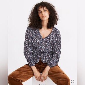 Madewell Silk Button-Front Peplum Top in Harvest VineDeep Navy size XXL